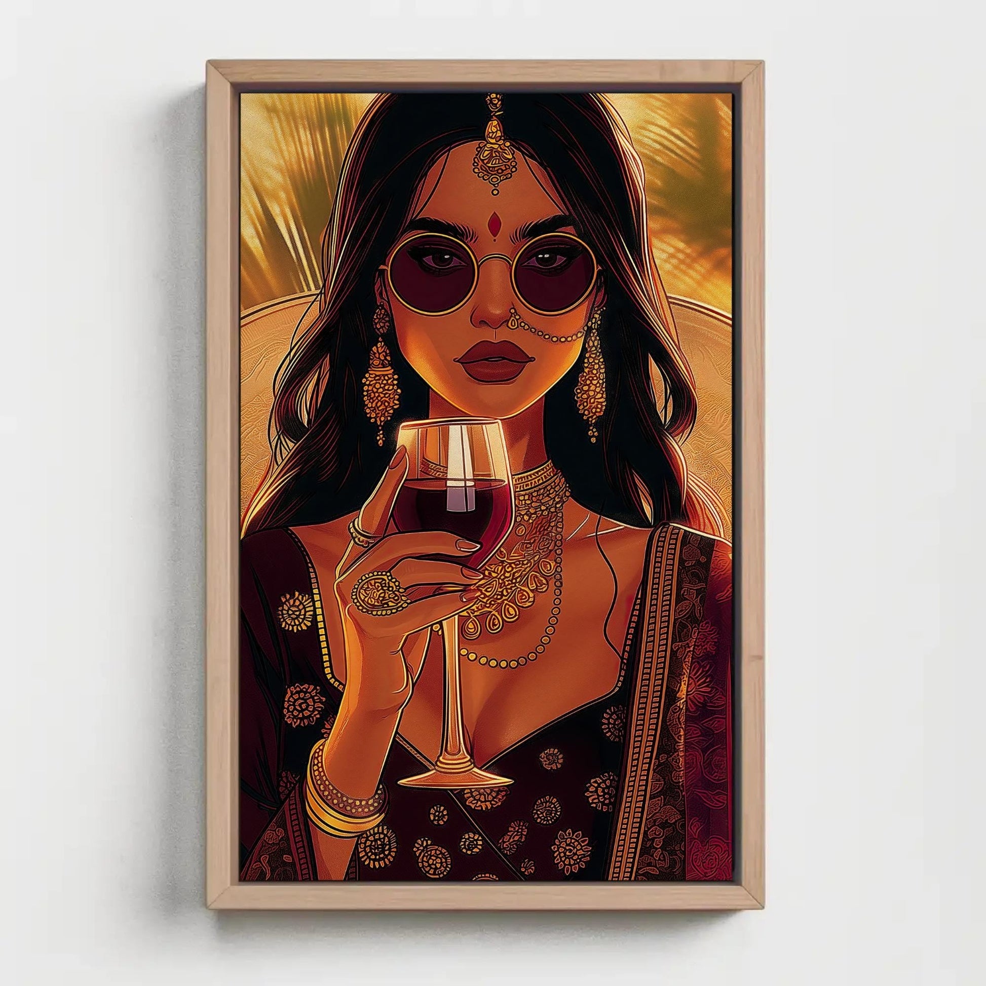 Indian Woman Wine Art – Framed Canvas Print | Stylish Desi Wall Art Decor - Antarmada