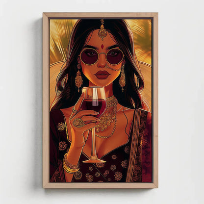 Indian Woman Wine Art – Framed Canvas Print | Stylish Desi Wall Art Decor - Antarmada