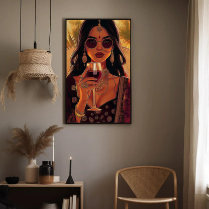 Indian Woman Wine Art – Framed Canvas Print | Stylish Desi Wall Art Decor - Antarmada