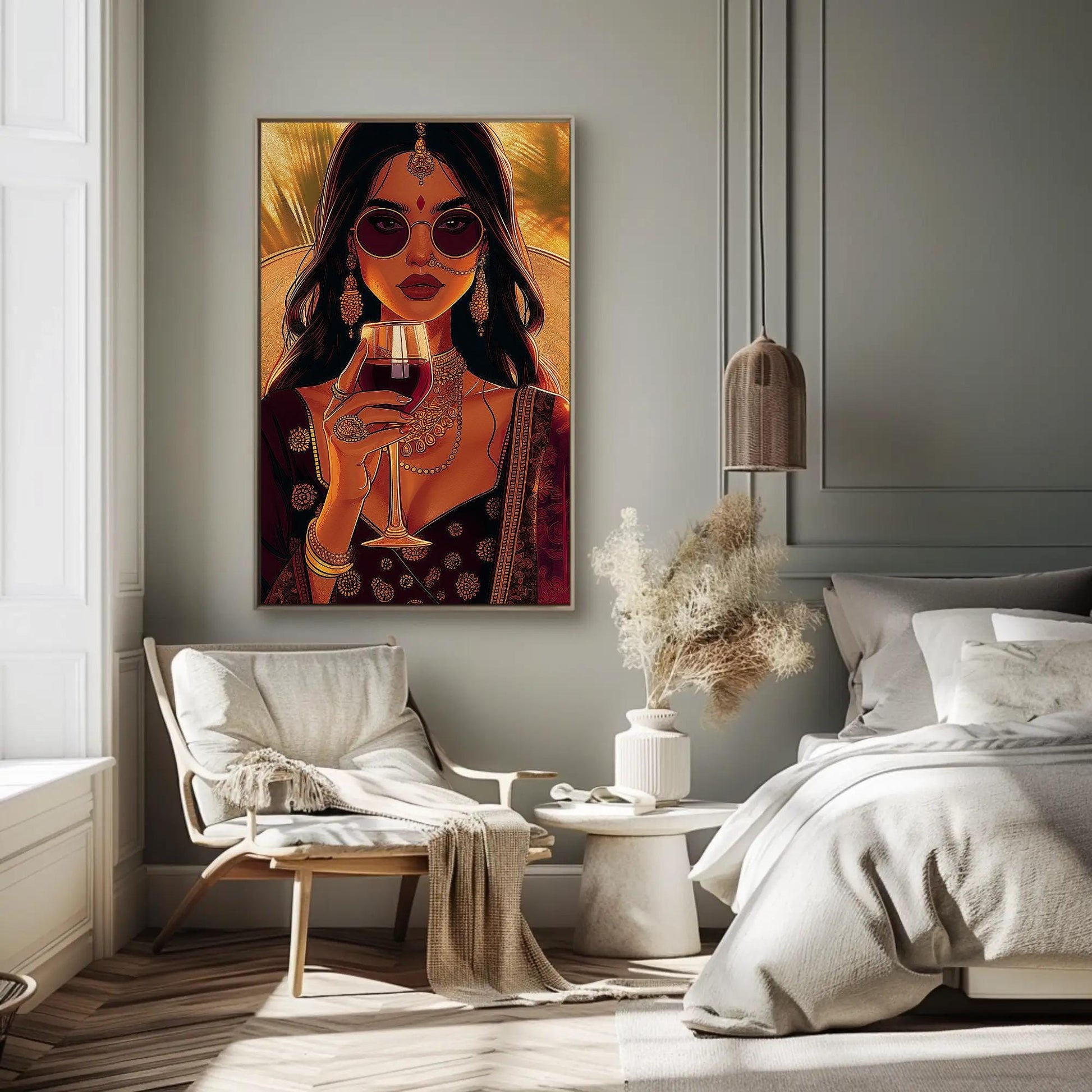 Indian Woman Wine Art – Framed Canvas Print | Stylish Desi Wall Art Decor - Antarmada