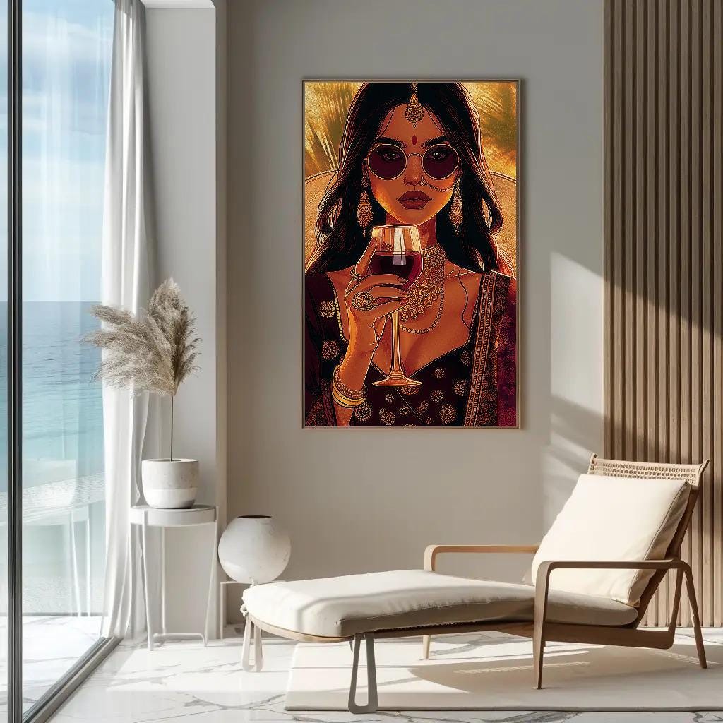 Indian Woman Wine Art – Framed Canvas Print | Stylish Desi Wall Art Decor - Antarmada