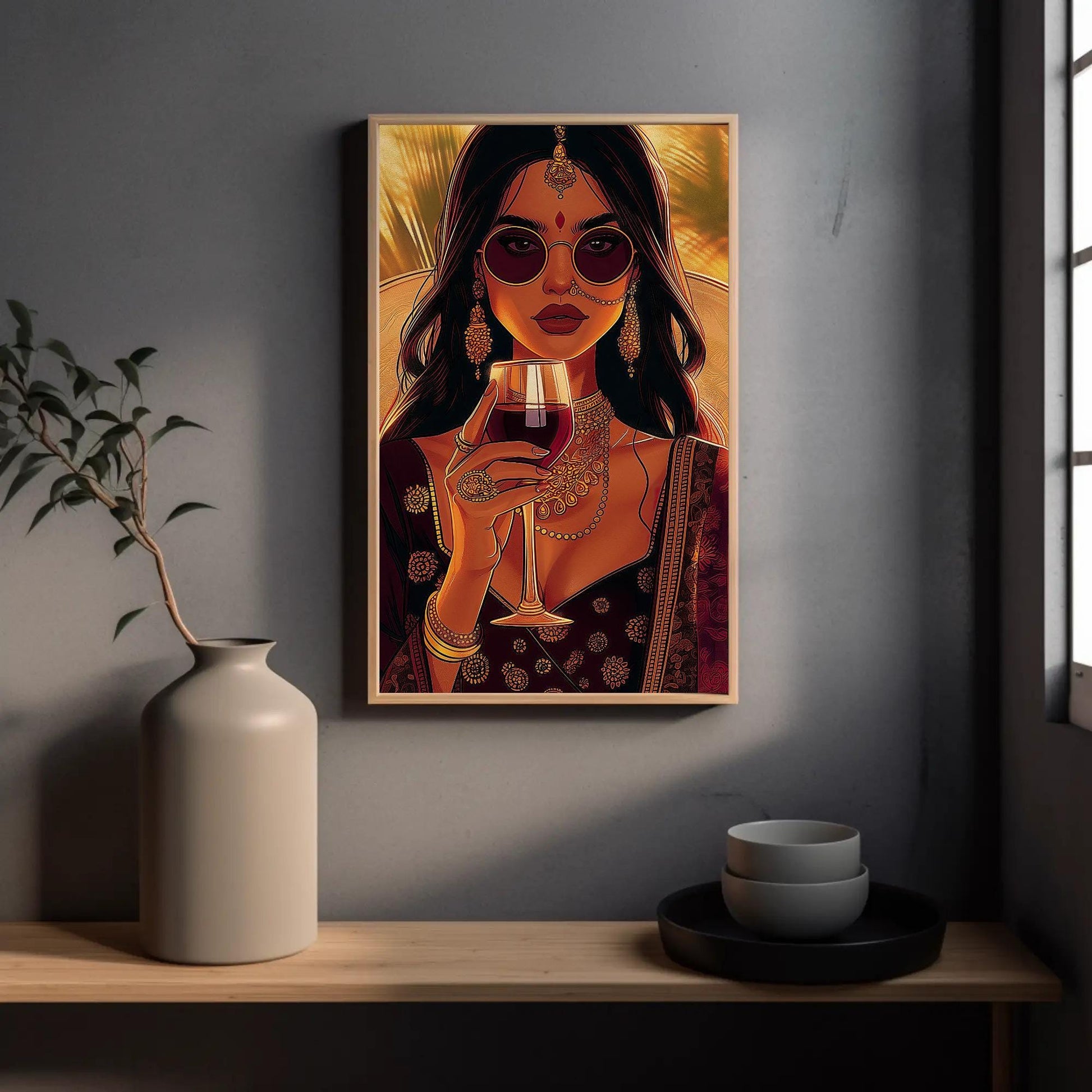 Indian Woman Wine Art – Framed Canvas Print | Stylish Desi Wall Art Decor - Antarmada
