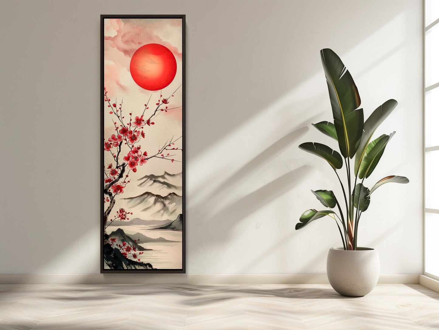 Japanese Rising Sun Art – Bold Red & White Abstract Canvas Print | Framed Vertical Wall Decor - Antarmada