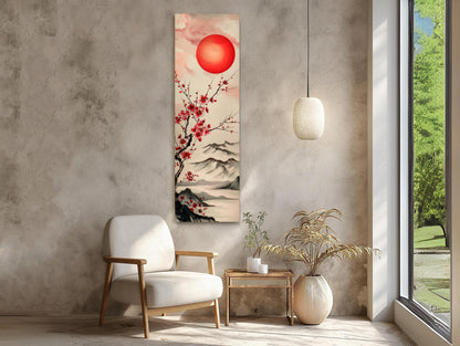 Japanese Rising Sun Art – Bold Red & White Abstract Canvas Print | Framed Vertical Wall Decor - Antarmada