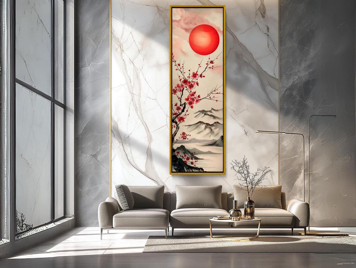 Japanese Rising Sun Art – Bold Red & White Abstract Canvas Print | Framed Vertical Wall Decor - Antarmada