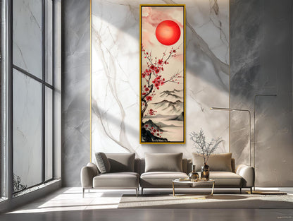 Japanese Rising Sun Art – Bold Red & White Abstract Canvas Print | Framed Vertical Wall Decor - Antarmada