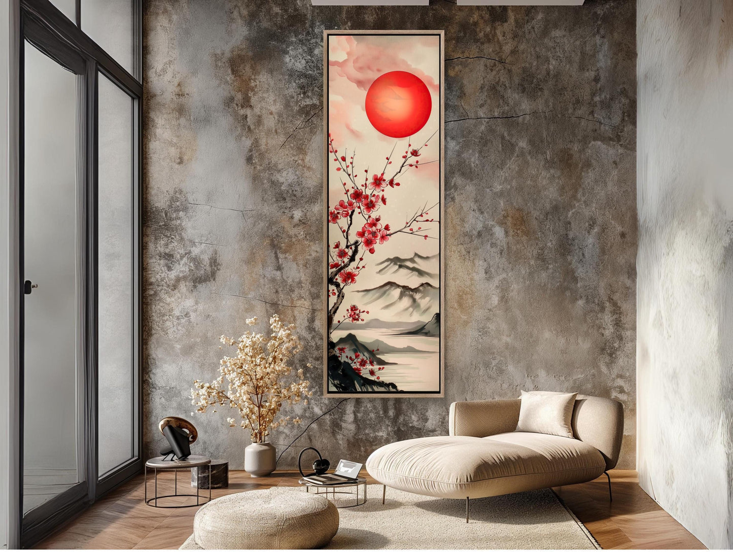 Japanese Rising Sun Art – Bold Red & White Abstract Canvas Print | Framed Vertical Wall Decor - Antarmada