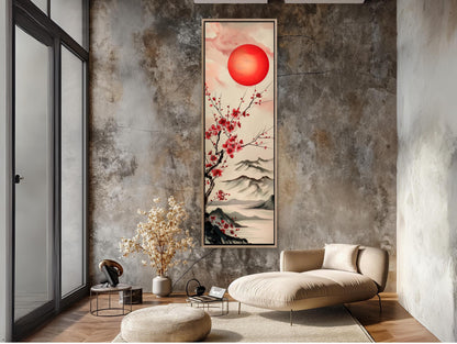 Japanese Rising Sun Art – Bold Red & White Abstract Canvas Print | Framed Vertical Wall Decor - Antarmada