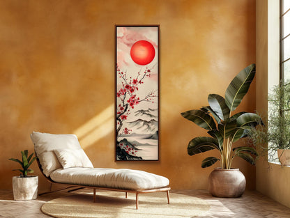 Japanese Rising Sun Art – Bold Red & White Abstract Canvas Print | Framed Vertical Wall Decor - Antarmada