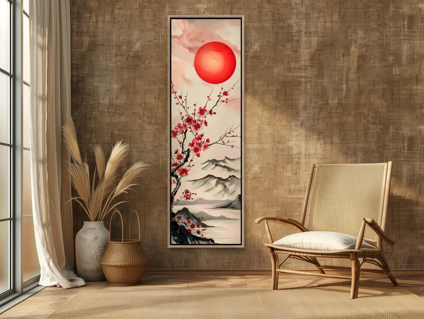Japanese Rising Sun Art – Bold Red & White Abstract Canvas Print | Framed Vertical Wall Decor - Antarmada
