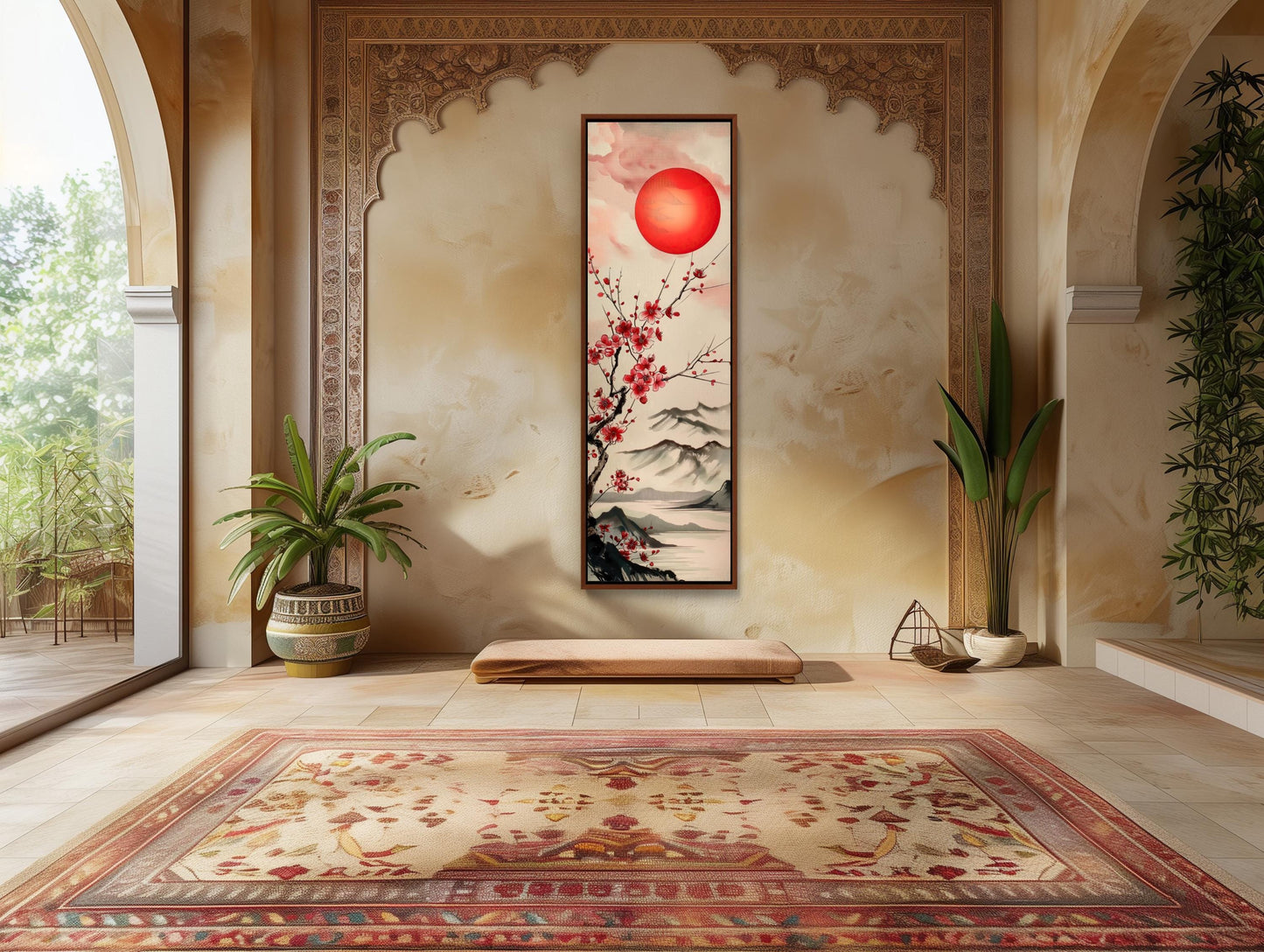 Japanese Rising Sun Art – Bold Red & White Abstract Canvas Print | Framed Vertical Wall Decor - Antarmada
