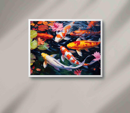 Koi Fish , Abstract Colorful Japanese canvas wall art shown in a styled room (view 4)