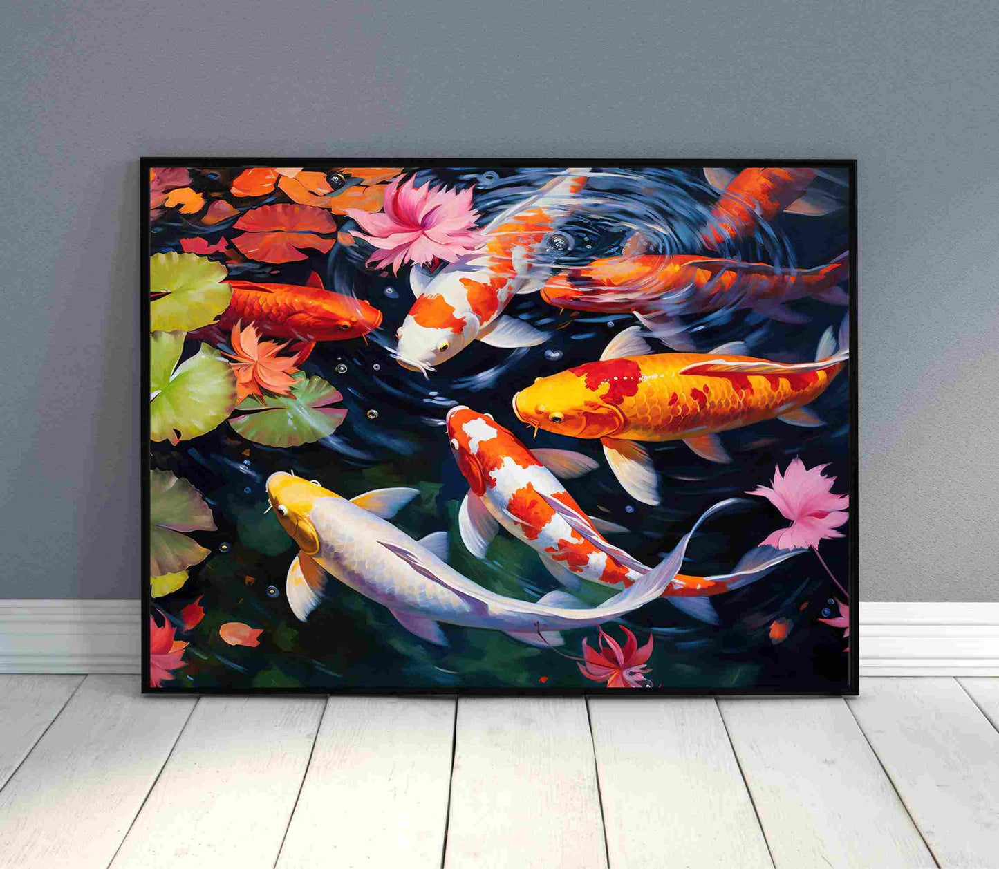 Koi Fish , Abstract Colorful Japanese canvas wall art shown in a styled room (view 5)