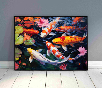 Koi Fish , Abstract Colorful Japanese canvas wall art shown in a styled room (view 5)