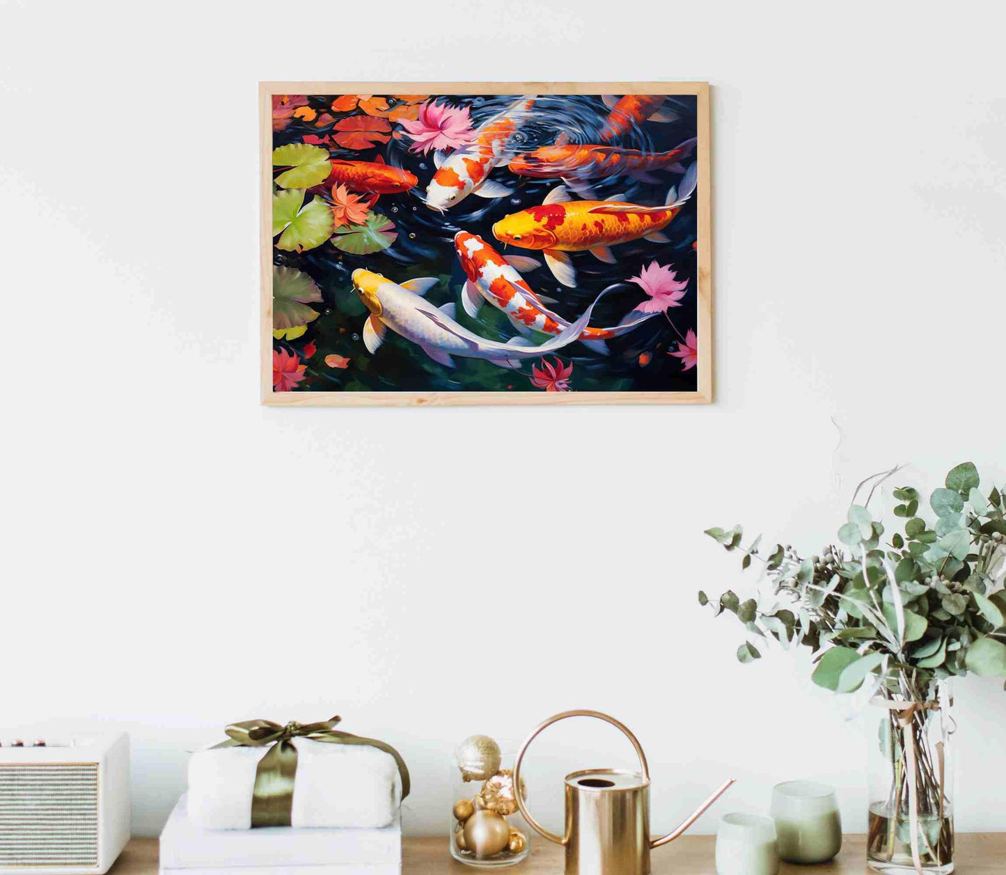 Koi Fish , Abstract Colorful Japanese canvas wall art shown in a styled room (view 2)