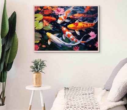 Koi Fish , Abstract Colorful Japanese canvas wall art shown in a styled room (view 3)