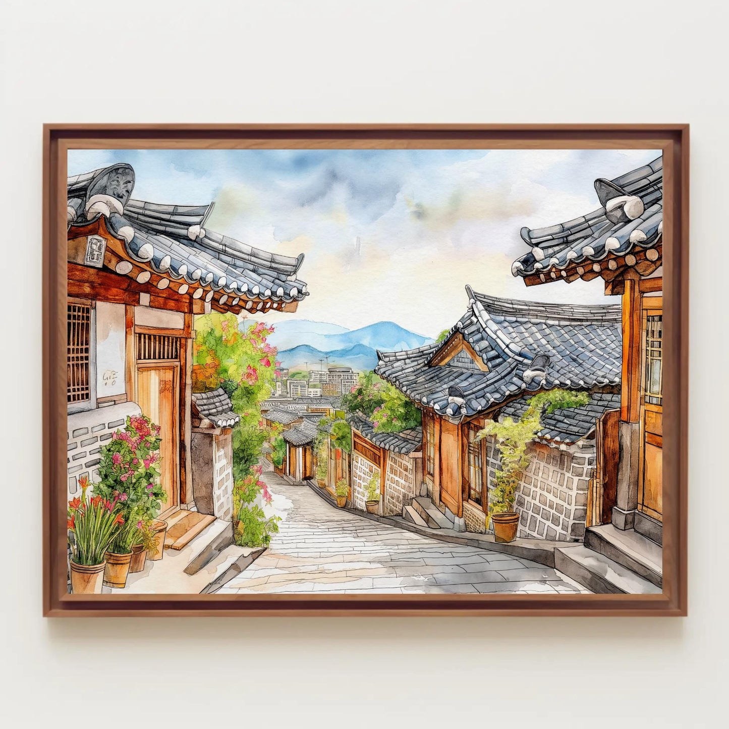 Korean Street Watercolor - Framed Canvas Print With Wooden Frame Artwork - Antarmada