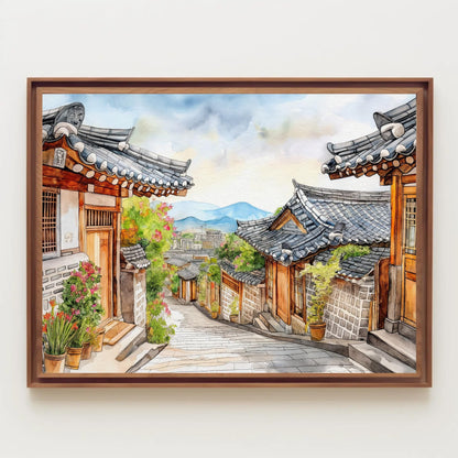 Korean Street Watercolor - Framed Canvas Print With Wooden Frame Artwork - Antarmada