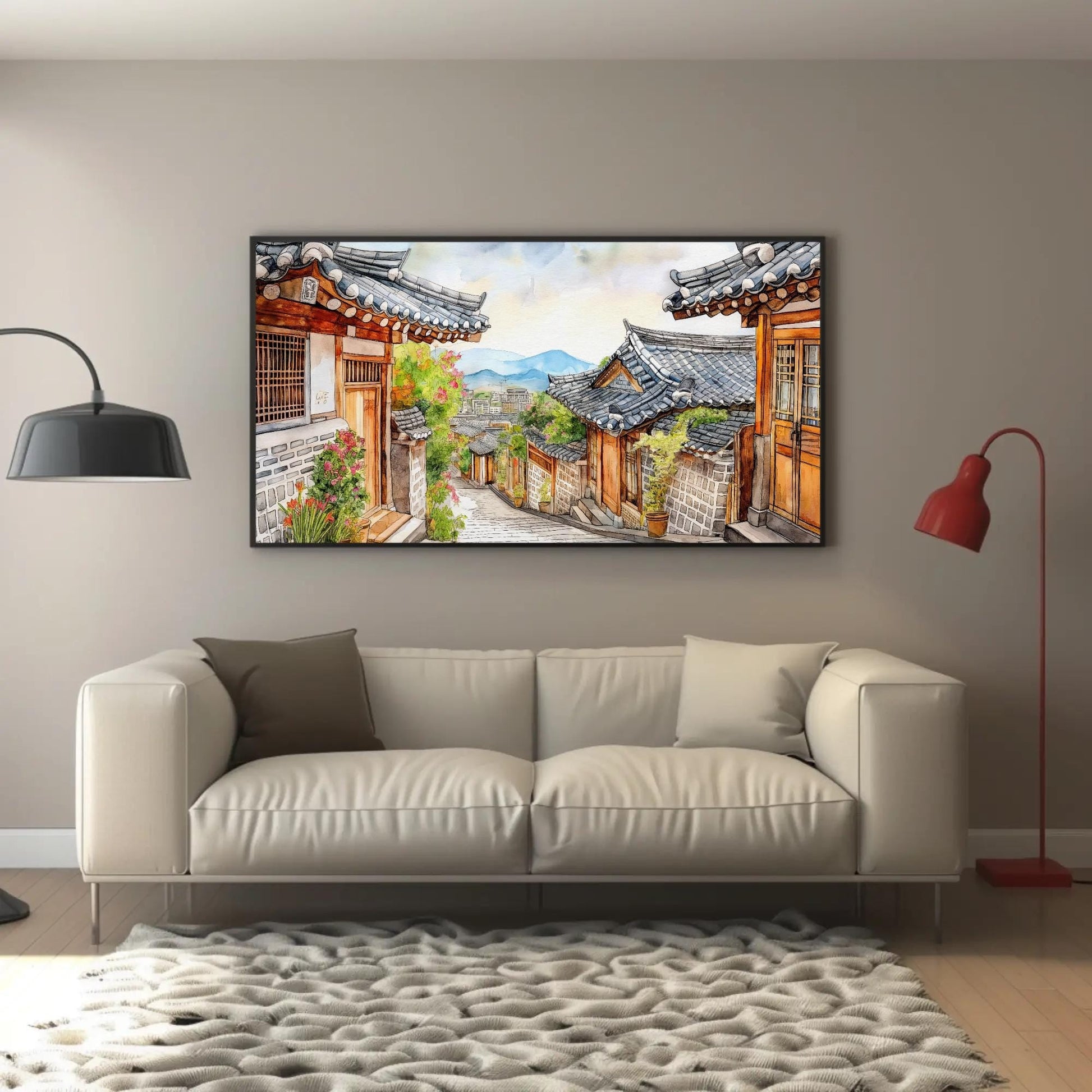 Korean Street Watercolor - Framed Canvas Print With Wooden Frame Artwork - Antarmada