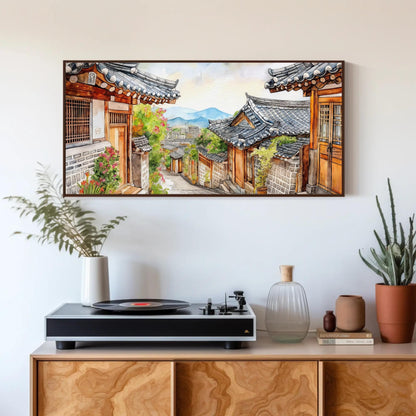 Korean Street Watercolor - Framed Canvas Print With Wooden Frame Artwork - Antarmada