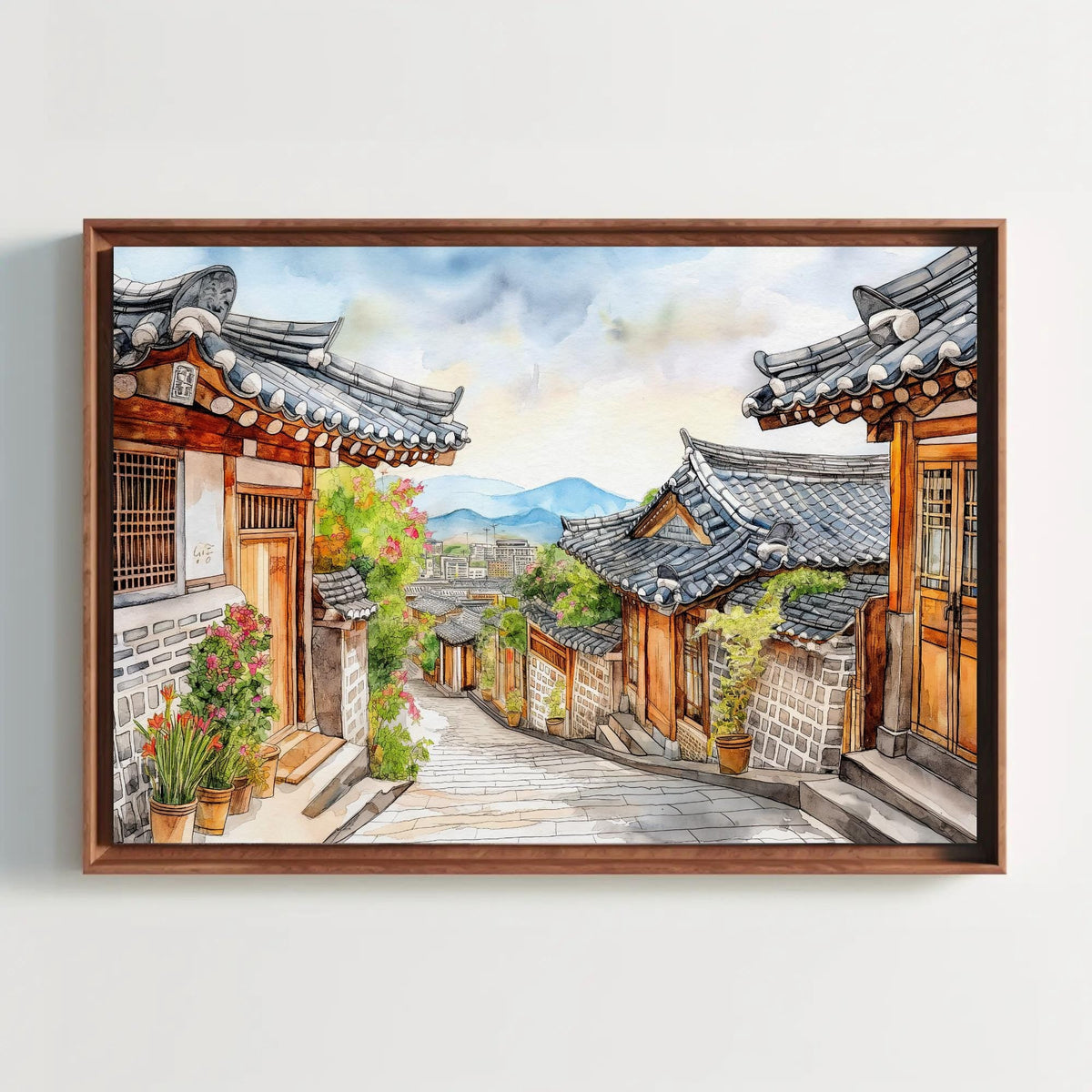 Korean Street Watercolor - Framed Canvas Print With Wooden Frame Artwork - Antarmada