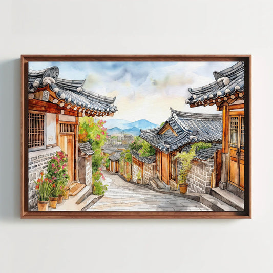 Korean Street Watercolor - Framed Canvas Print With Wooden Frame Artwork - Antarmada