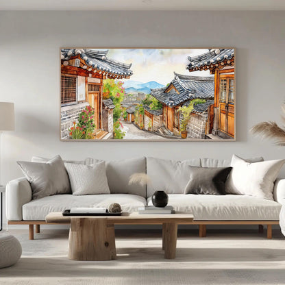 Korean Street Watercolor - Framed Canvas Print With Wooden Frame Artwork - Antarmada