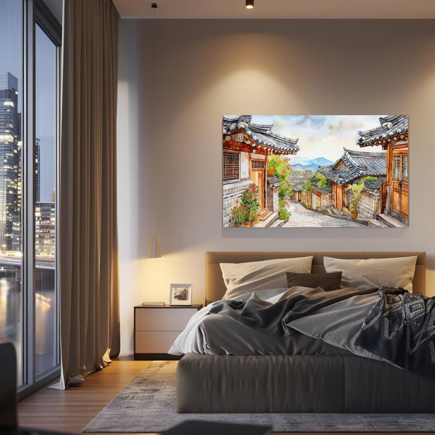 Korean Street Watercolor - Framed Canvas Print With Wooden Frame Artwork - Antarmada