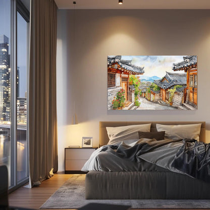 Korean Street Watercolor - Framed Canvas Print With Wooden Frame Artwork - Antarmada