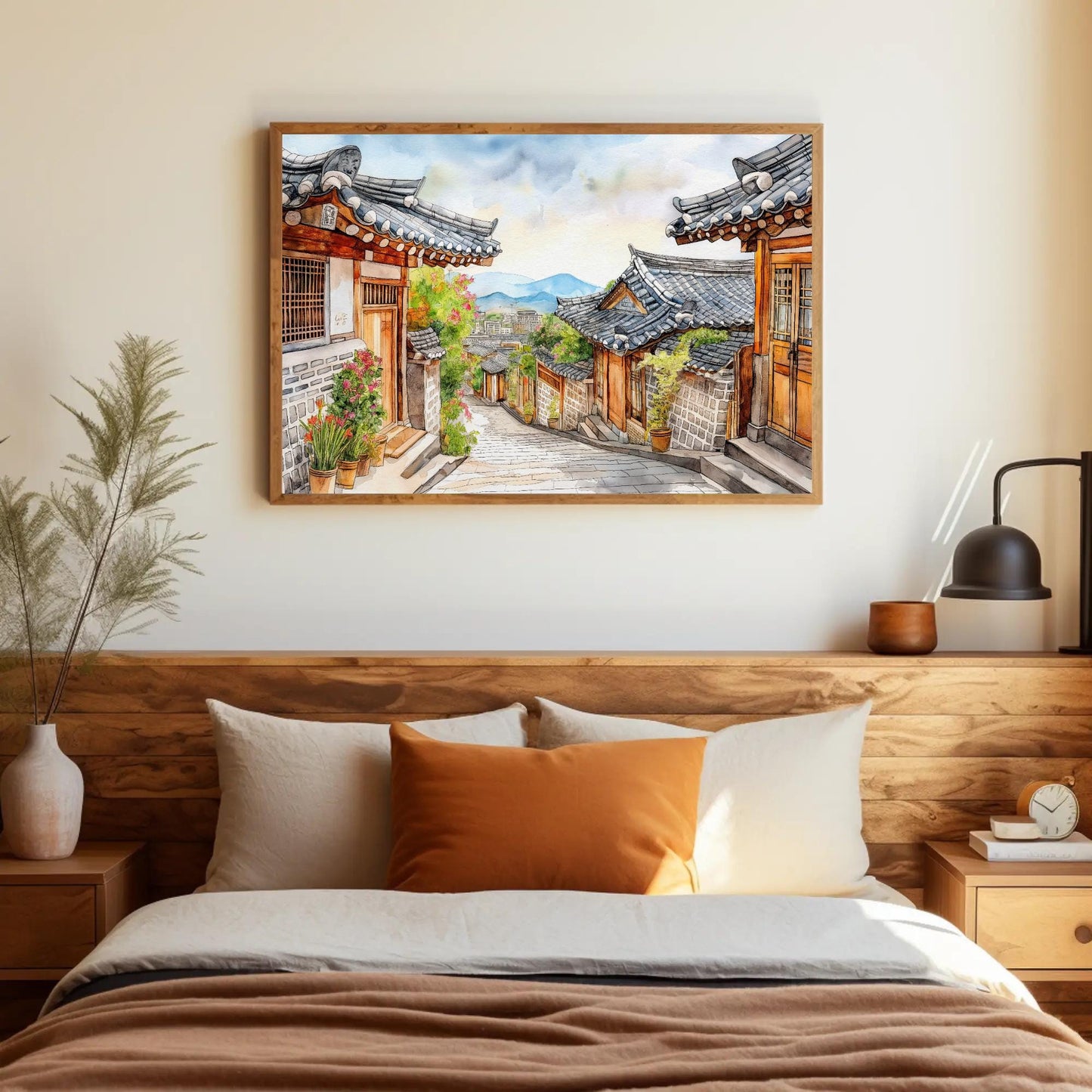 Korean Street Watercolor - Framed Canvas Print With Wooden Frame Artwork - Antarmada