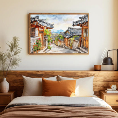 Korean Street Watercolor - Framed Canvas Print With Wooden Frame Artwork - Antarmada