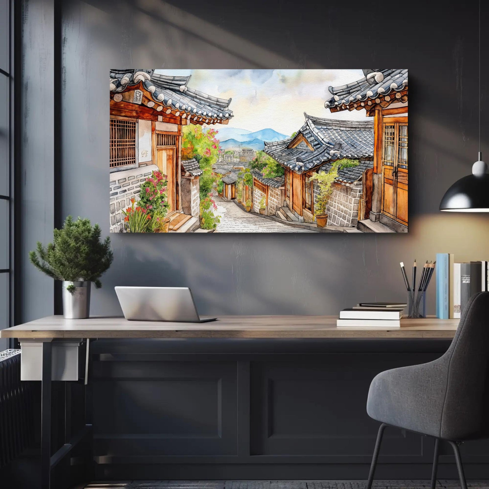 Korean Street Watercolor - Framed Canvas Print With Wooden Frame Artwork - Antarmada