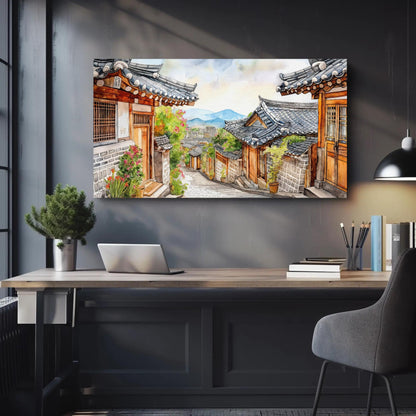 Korean Street Watercolor - Framed Canvas Print With Wooden Frame Artwork - Antarmada