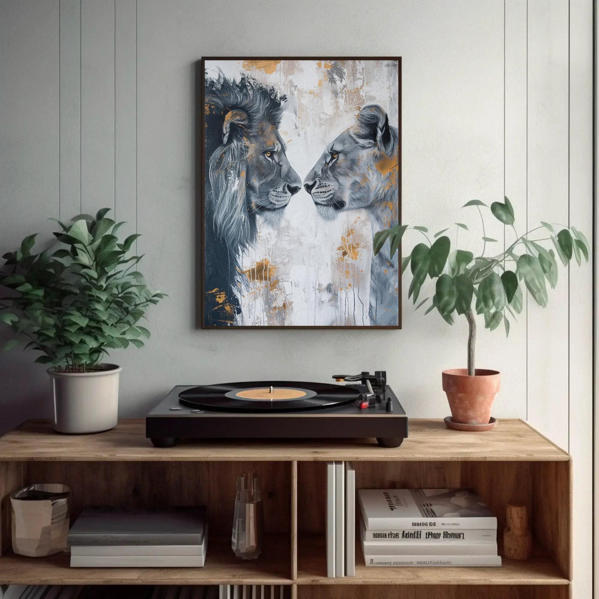 Lion and Lioness Canvas Romantic Couple Wall Art - Framed Wooden Frame Artwork - Antarmada