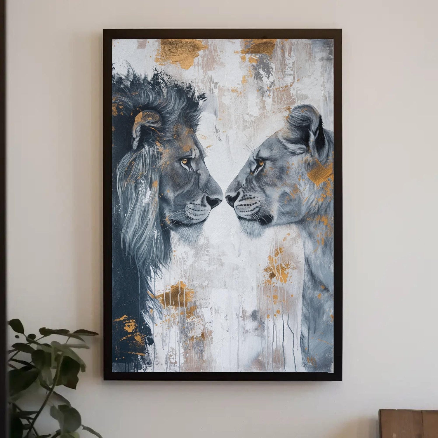 Lion and Lioness Canvas Romantic Couple Wall Art - Framed Wooden Frame Artwork - Antarmada