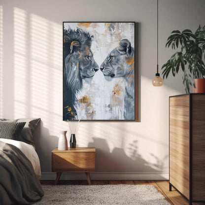 Lion and Lioness Canvas Romantic Couple Wall Art - Framed Wooden Frame Artwork - Antarmada