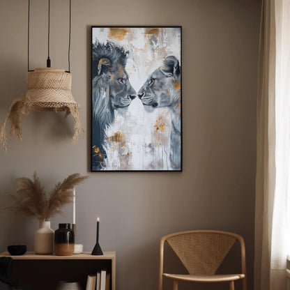 Lion and Lioness Canvas Romantic Couple Wall Art - Framed Wooden Frame Artwork - Antarmada