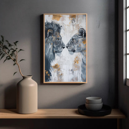 Lion and Lioness Canvas Romantic Couple Wall Art - Framed Wooden Frame Artwork - Antarmada