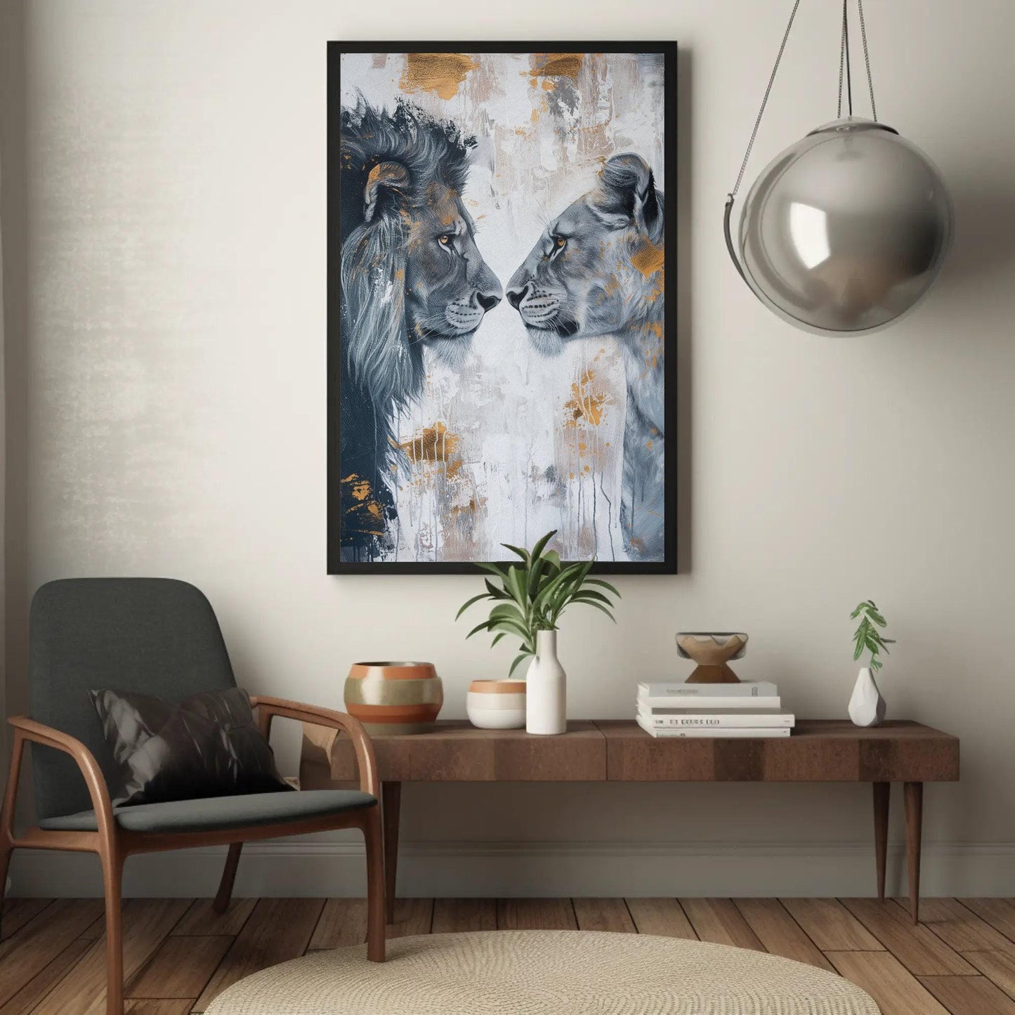 Lion and Lioness Canvas Romantic Couple Wall Art - Framed Wooden Frame Artwork - Antarmada
