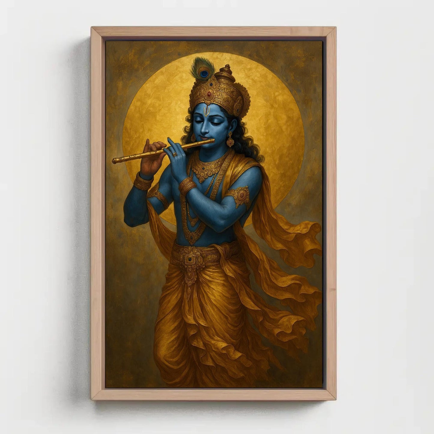 Lord Krishna Canvas Print - Blue and Gold Hindu God Portrait for Pooja Room Decor - Antarmada
