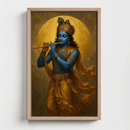 Lord Krishna Canvas Print - Blue and Gold Hindu God Portrait for Pooja Room Decor - Antarmada