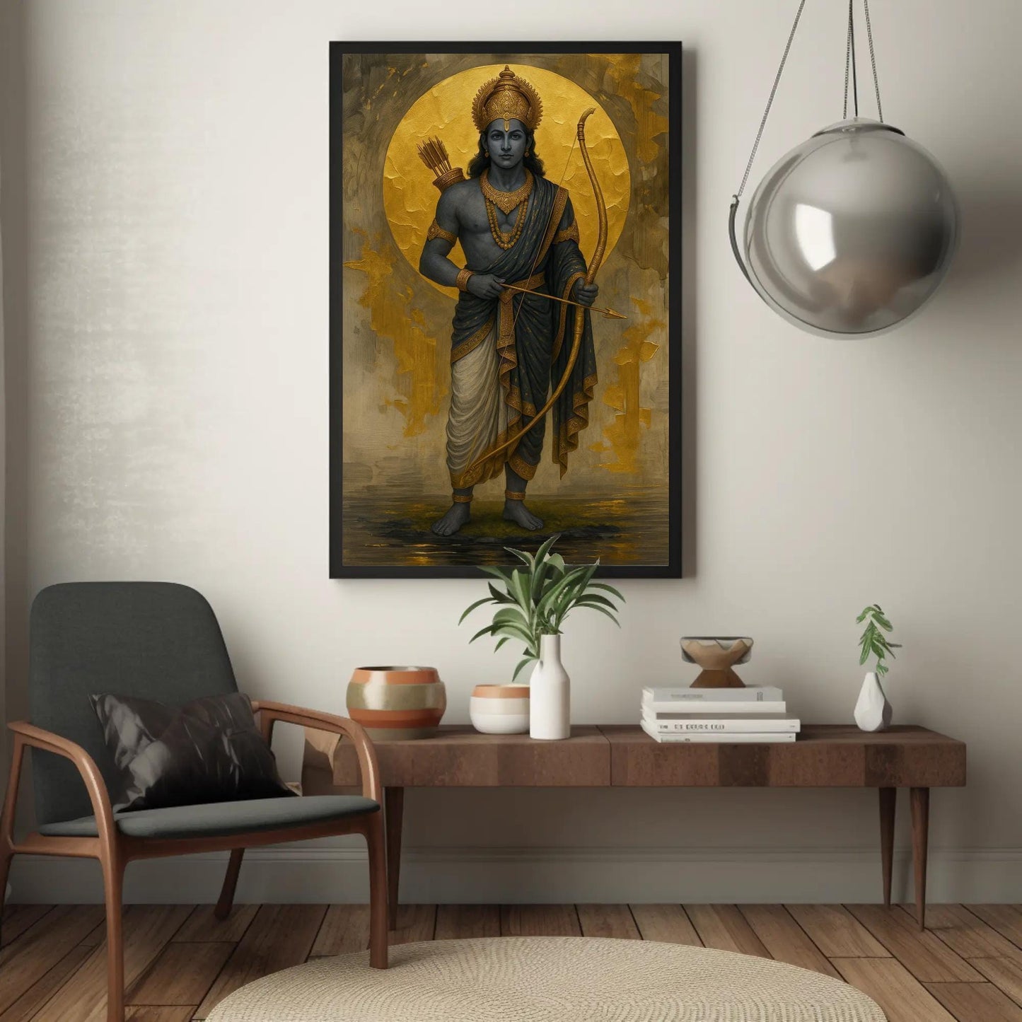 Lord Rama Canvas Print – Spiritual Indian Art with Golden Moon & Bow Arrow - Antarmada