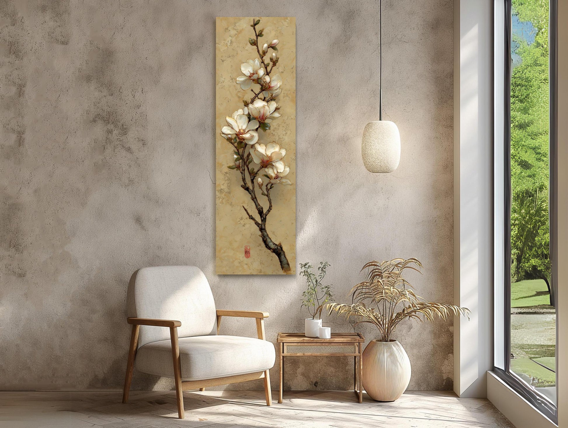 Magnolia Branch Canvas | Japandi Wall Art - Skinny Floral Print on Museum Grade Canvas - Antarmada