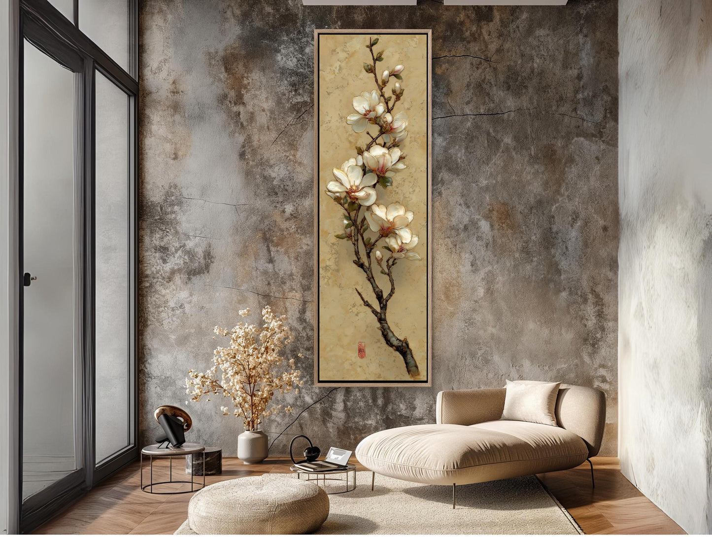 Magnolia Branch Canvas | Japandi Wall Art - Skinny Floral Print on Museum Grade Canvas - Antarmada