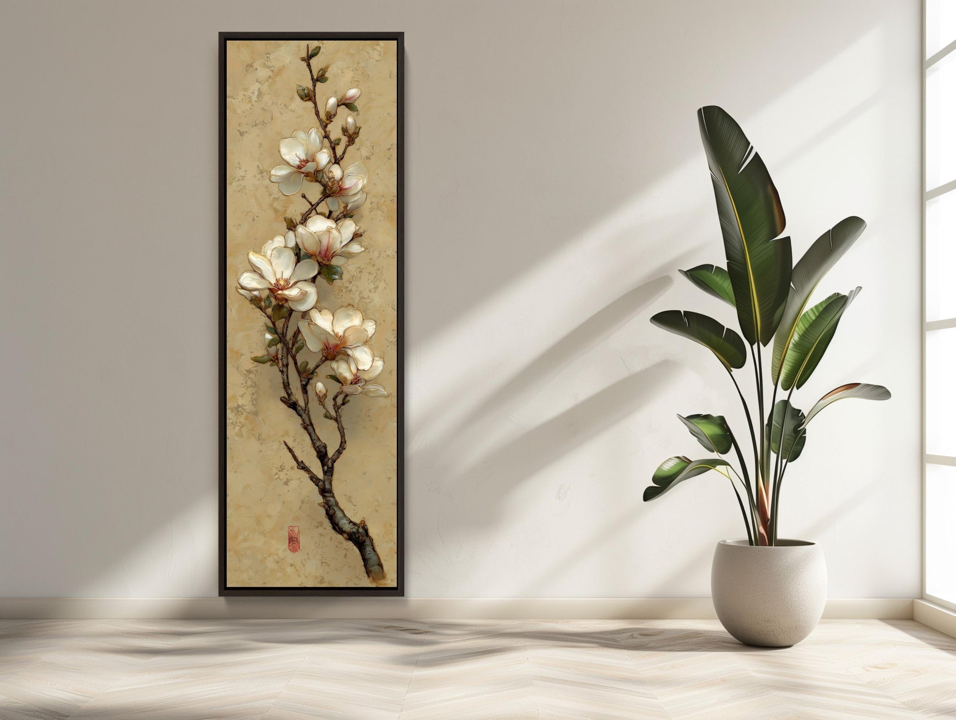 Magnolia Branch Canvas | Japandi Wall Art - Skinny Floral Print on Museum Grade Canvas - Antarmada