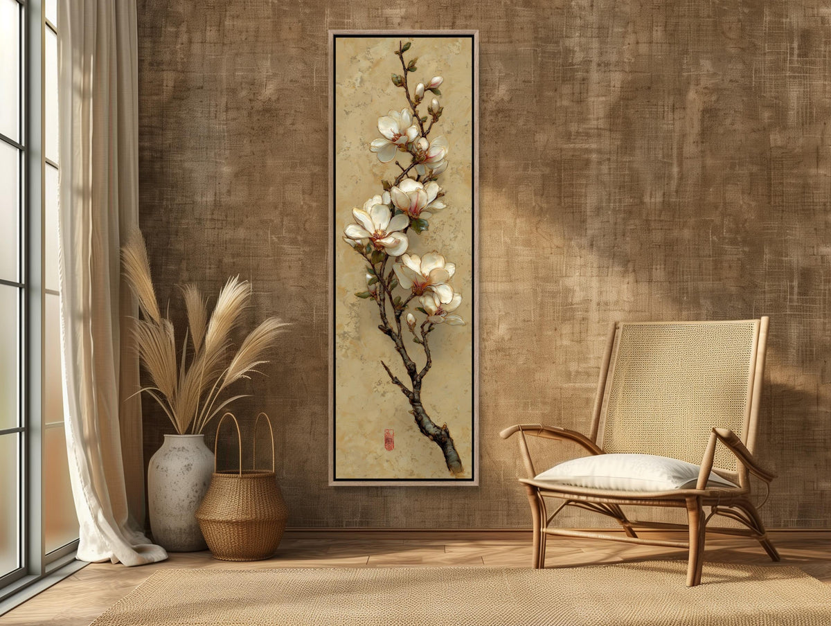 Magnolia Branch Canvas | Japandi Wall Art - Skinny Floral Print on Museum Grade Canvas - Antarmada