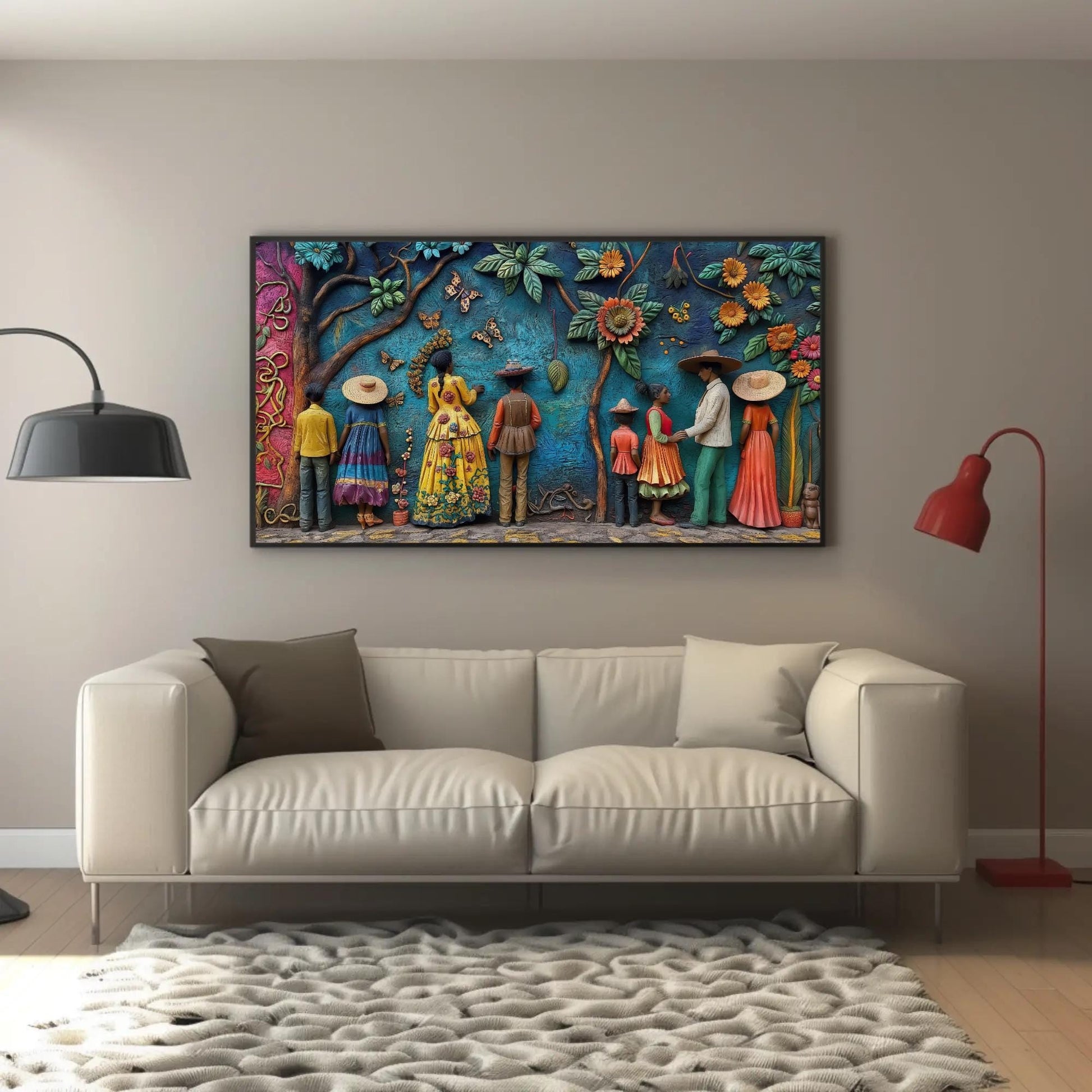 Mexican 3D , Vibrant Cultural Landscape canvas wall art shown in a styled room (view 2)