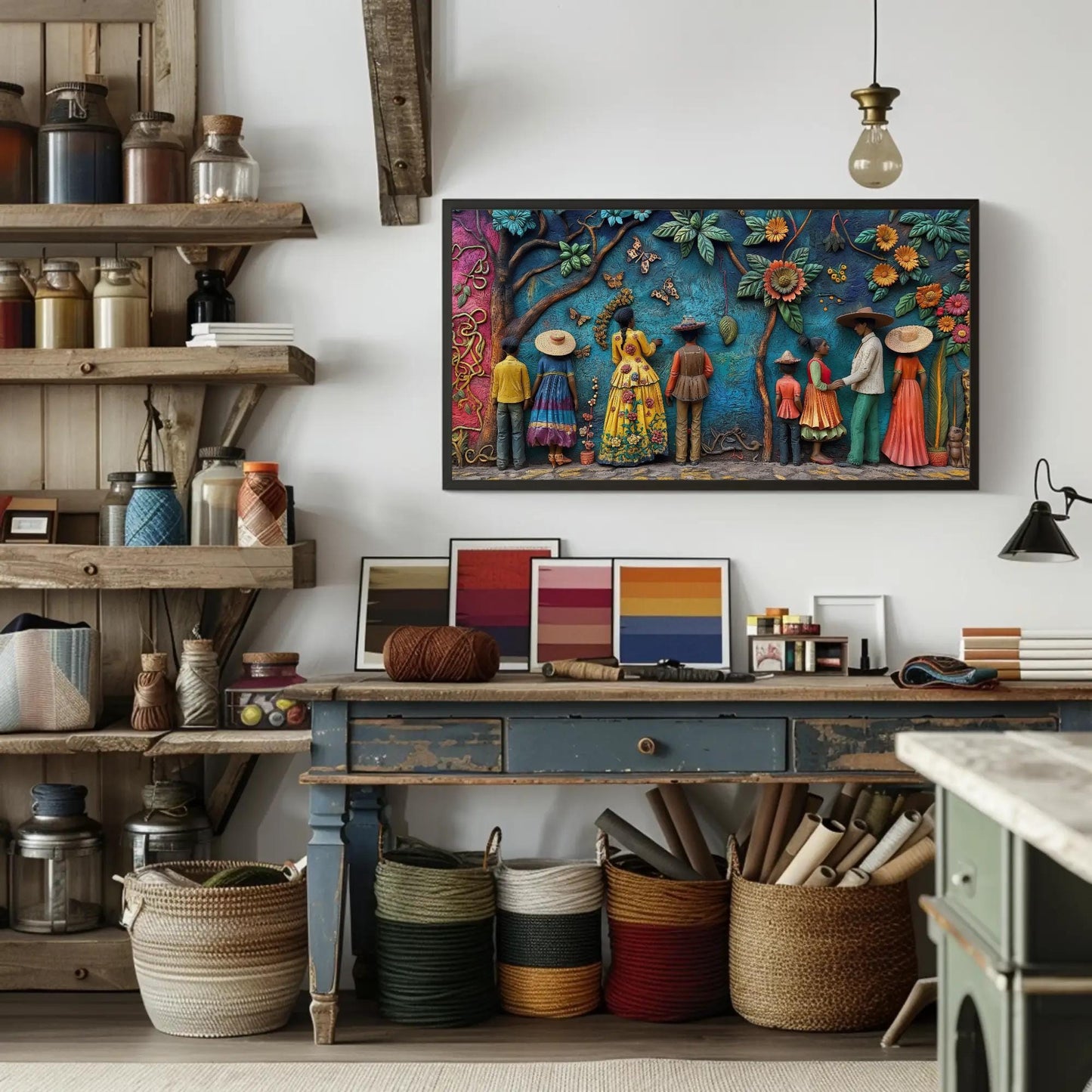 Mexican 3D , Vibrant Cultural Landscape canvas wall art shown in a styled room (view 4)