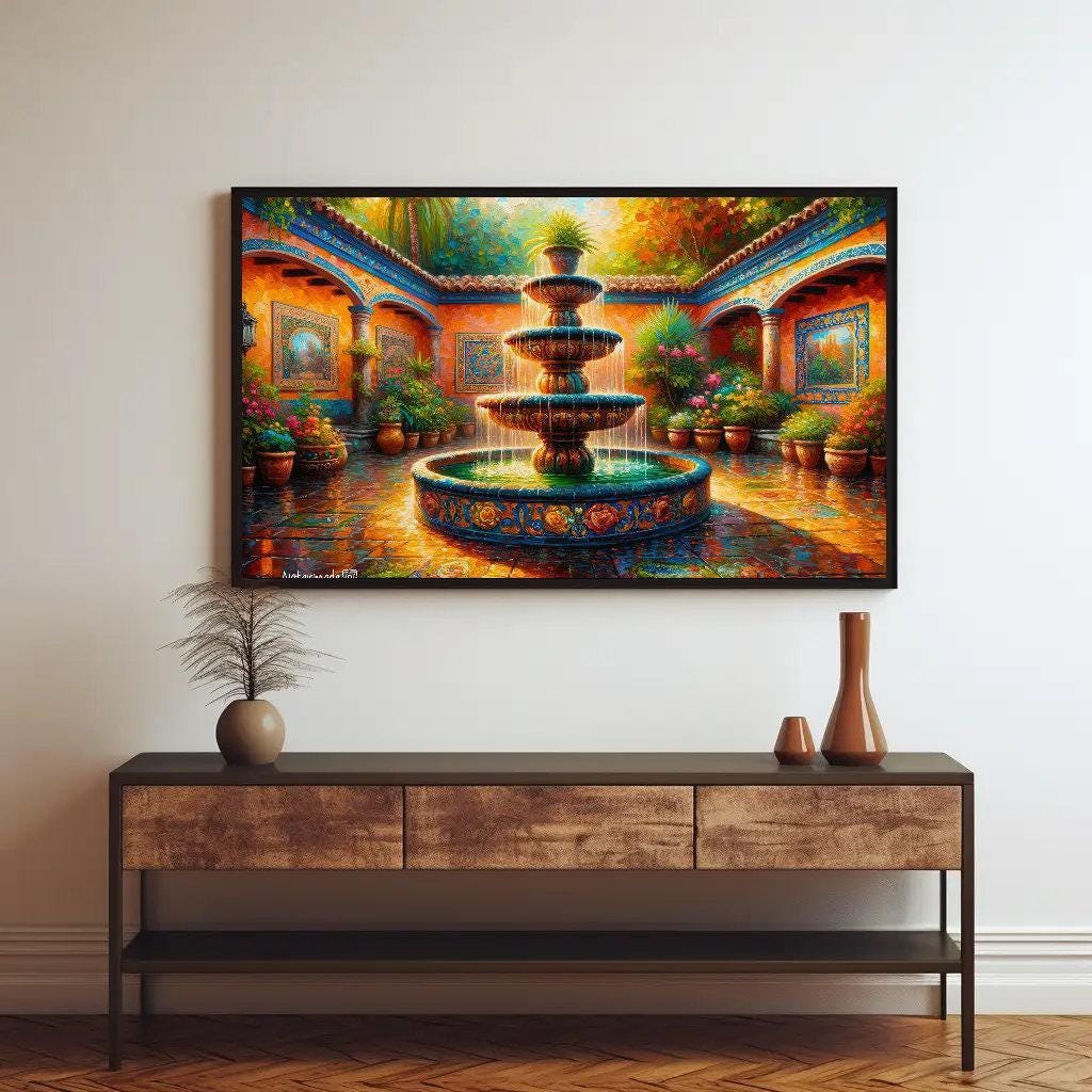 Mexican Courtyard Canvas | Vibrant Mexican Wall Art - Traditional Garden Print - Antarmada
