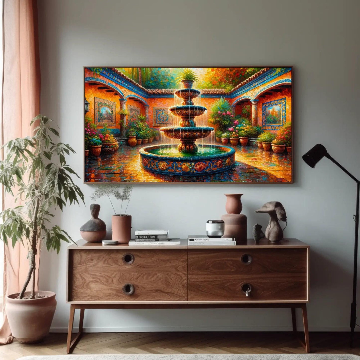 Mexican Courtyard Canvas | Vibrant Mexican Wall Art - Traditional Garden Print - Antarmada